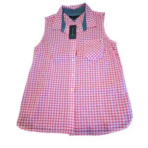 Tommy Hilfiger Womens Sleeveless Hot Pink Gingham Button-Down Shirt Collared Med